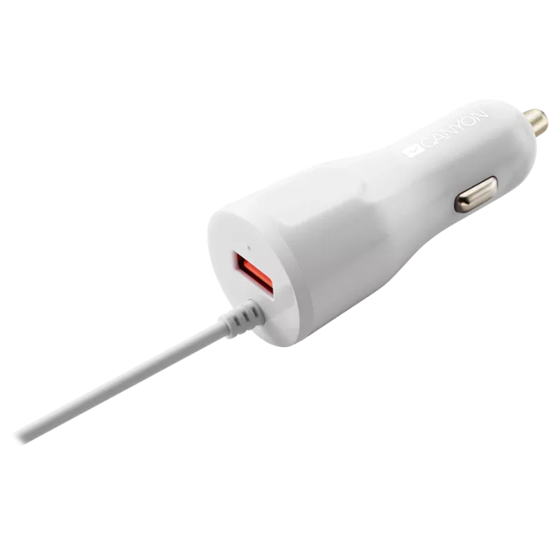CANYON automobilinis kroviklis C-033 2.4A/USB-A su integruotu Lightning laidu Baltas