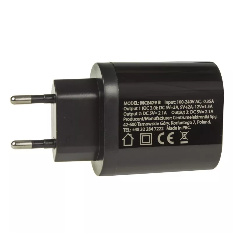 USB sieninis įkroviklis MACLEAN MCE479B — 3 USB prievadai, 18 W bendra galia, kompaktiškas