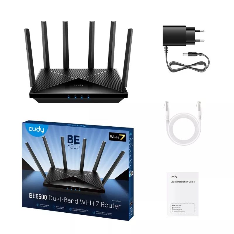 Cudy WR6500H stalinis belaidis maršrutizatorius — Dviejų juostų 2,4/5 GHz, Wi‑Fi 7 (802.11be), 5765 Mbps, 2,5GbE LAN, 5x RJ-45, 3x3 antenos, juodas