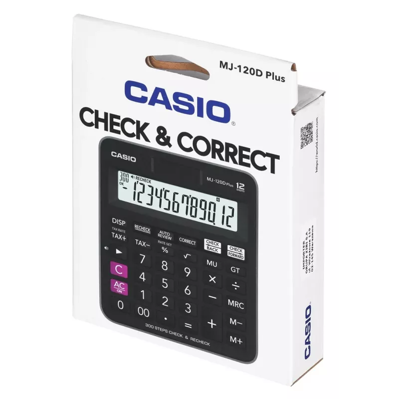 Stalinis skaičiuotuvas CASIO MJ-120D PLUS — pagrindinis 12 skaitmenų, baterija/saulės energija, 35 klavišai, mokesčių ir kvadratinė šaknis, juodas