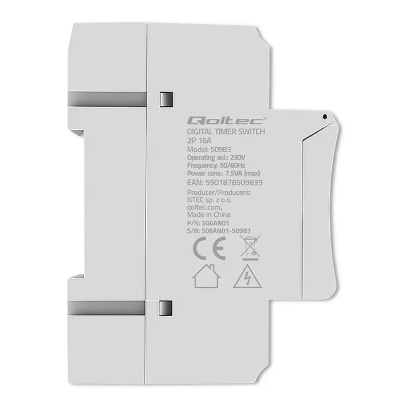 DIN bėgio elektroninis laikmačio jungiklis QOLTEC 50983, maitinamas baterijomis, skirtas automatikos grandinėms