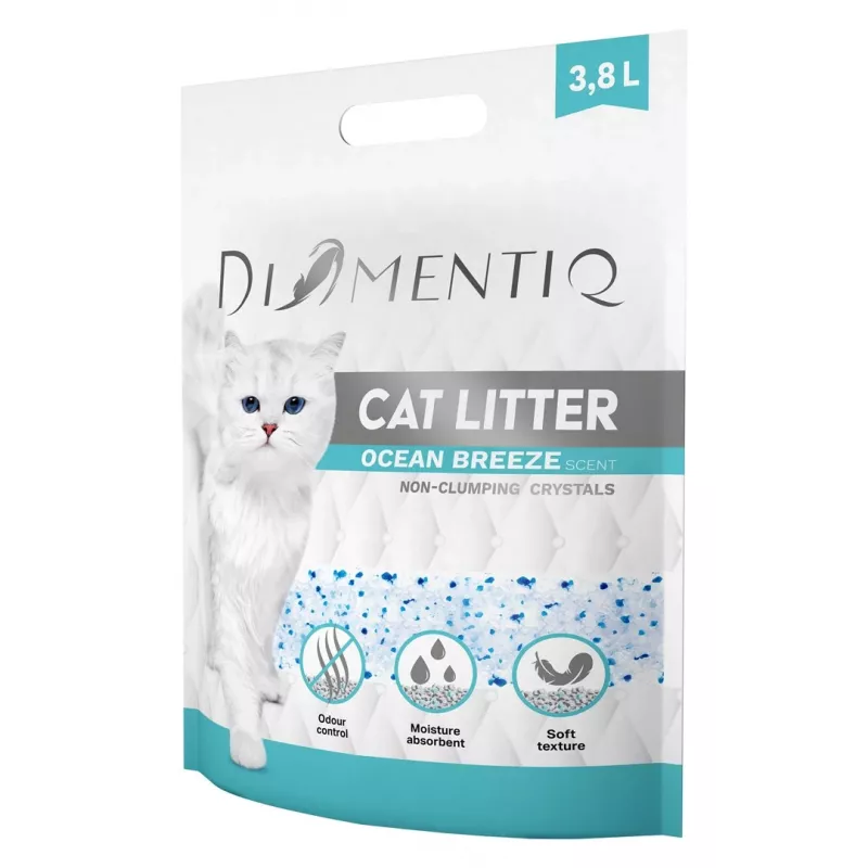 Sulipantis kačių kraikas DIAMENTIQ Diamentiq Ocean Breeze 3,8 l — silikoninės granulės, 1,5 kg, antibakterinis, nedulka