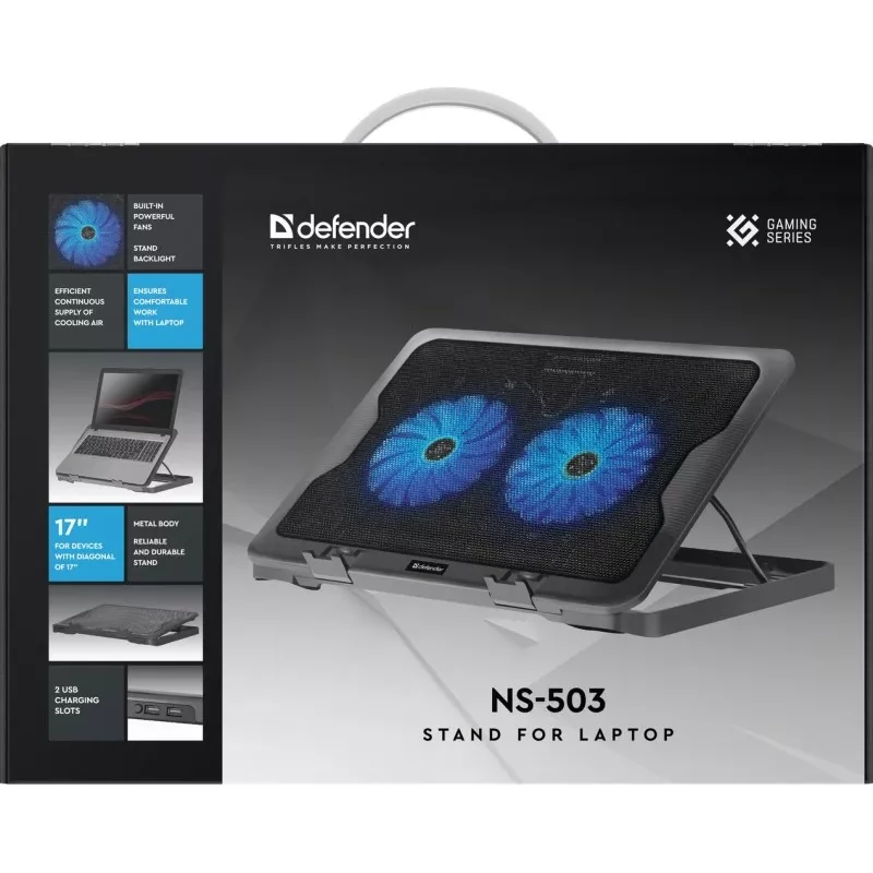 Nešiojamojo kompiuterio aušinimo padėklas DEFENDER NS-503 43,2 cm (17 colių) nešiojamiesiems kompiuteriams, 2 ventiliatoriai, maitinamas per USB, juodas