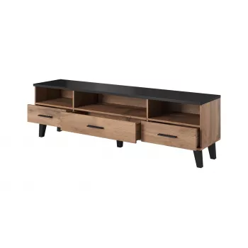 TV stovas Cama Meble LOTTA 180 cm — Wotan ąžuolo rėmas, matinio juodo viršaus plokštė, 1800×400×530 mm