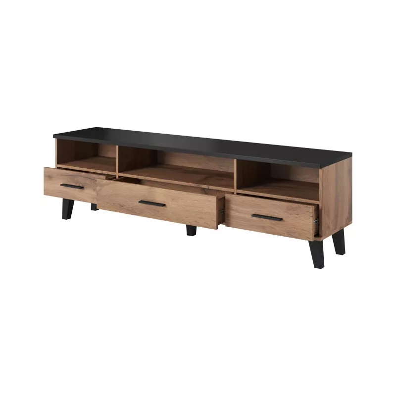 TV stovas Cama Meble LOTTA 180 cm — Wotan ąžuolo rėmas, matinio juodo viršaus plokštė, 1800×400×530 mm