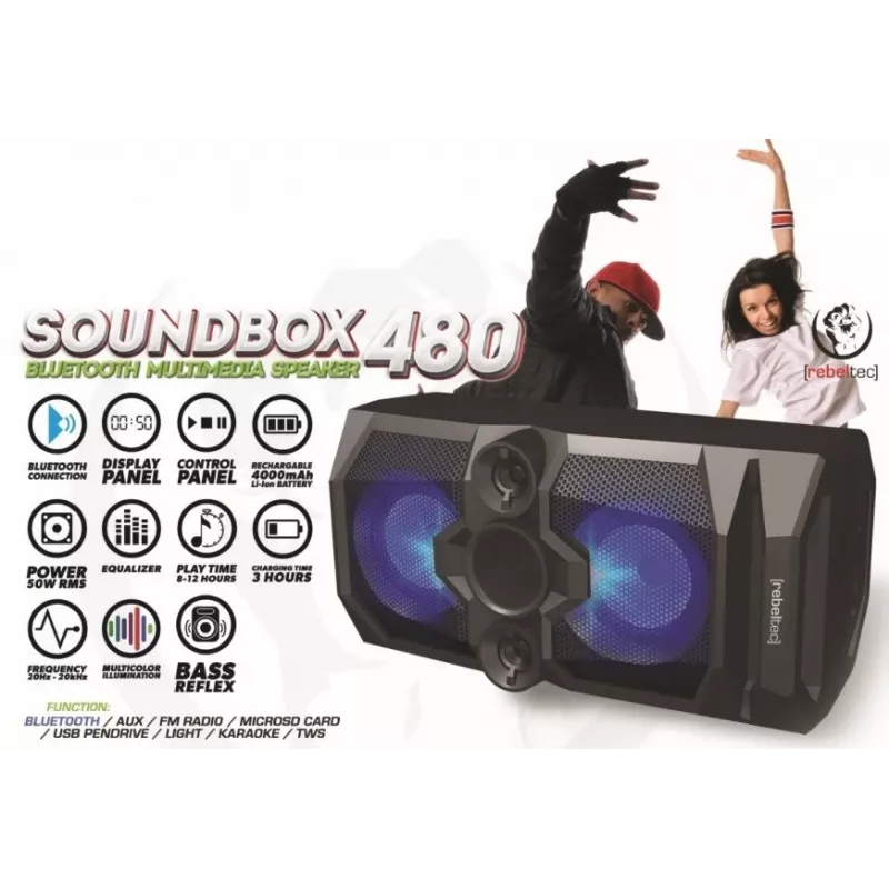 Rebeltec SoundBox 480 nešiojamas „Bluetooth“ stereo garsiakalbis juodas, 50W RMS