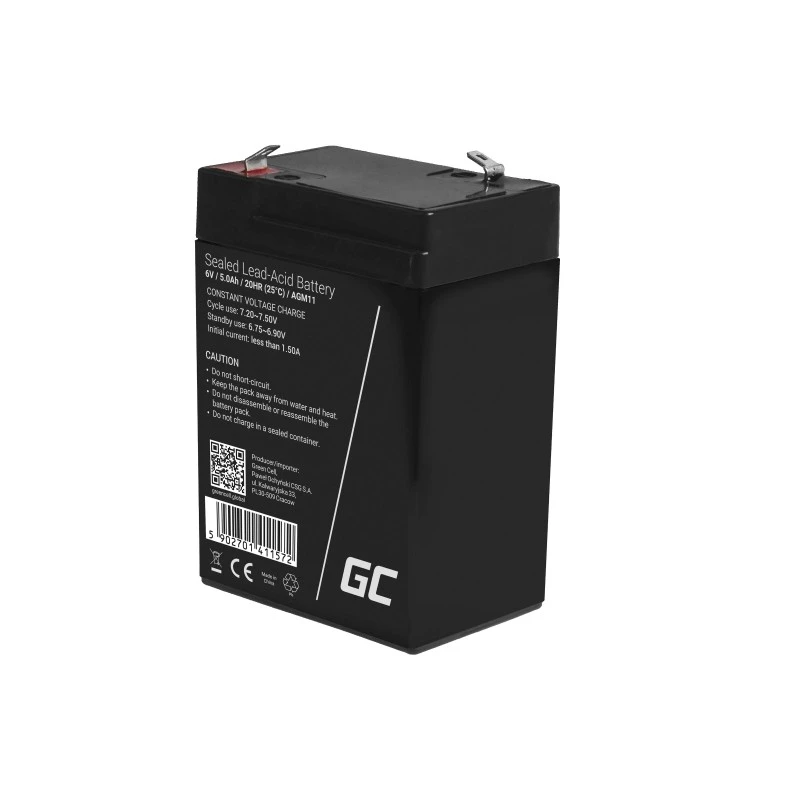 UPS baterija Green Cell AGM11 6 V 5 Ah sandari švino rūgšties (VRLA) vienetinė baterija, 70×100×47 mm, 780 g