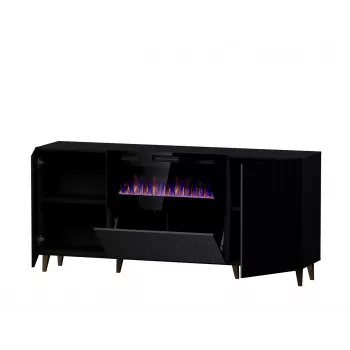 Komoda su elektriniu židiniu Cama Meble PAFOS 180x42x82 cm matinė juoda, 3 durys, 2 lentynos, 1400–1600 W