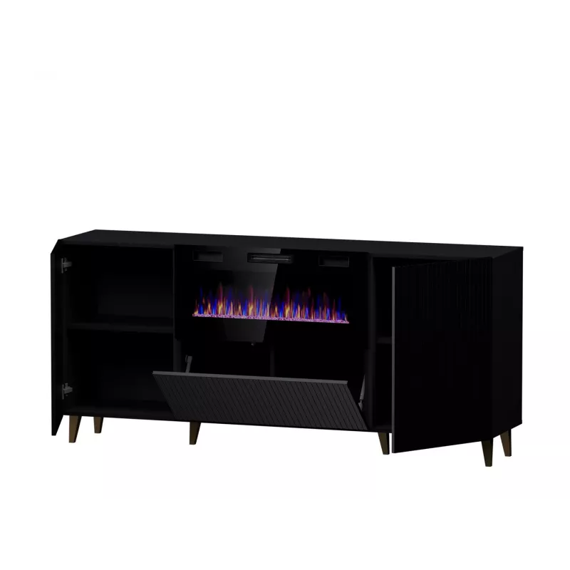 Komoda su elektriniu židiniu Cama Meble PAFOS 180x42x82 cm matinė juoda, 3 durys, 2 lentynos, 1400–1600 W