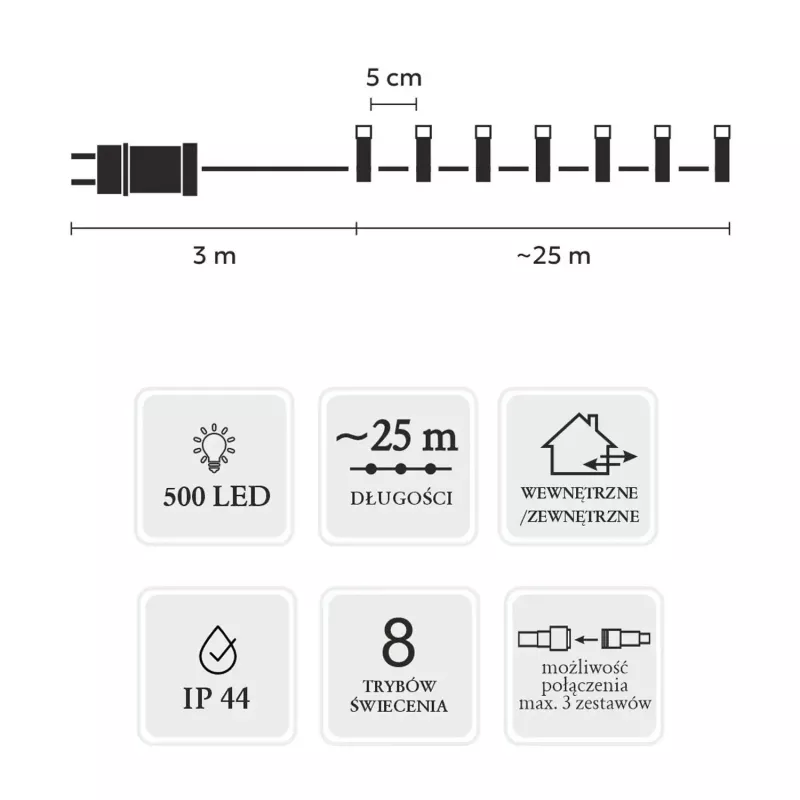 LED girliandos Extralink 500 LED įvairiaspalvės, 25 m, vidaus/lauko, modelis EX.73318
