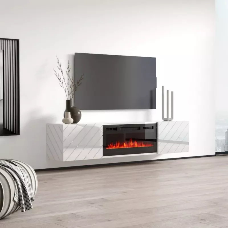 TV spintelė cama meble LUXE 1826×345×375 mm balta blizgi su įmontuotu juodu elektriniu židiniu (1400–1600 W)