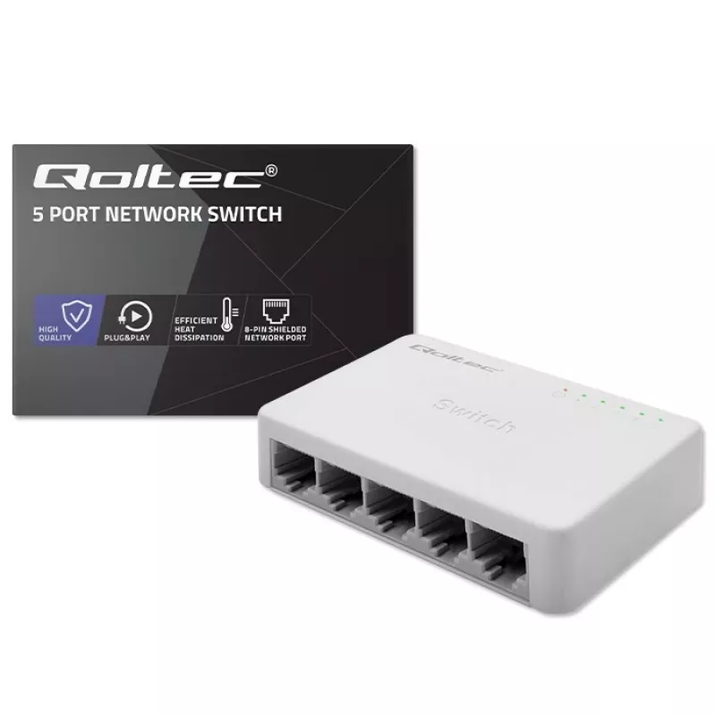 Tinklo komutatorius QOLTEC 52247 5 x RJ45 prievadai 1000Mbps Gigabitinis nevaldomas