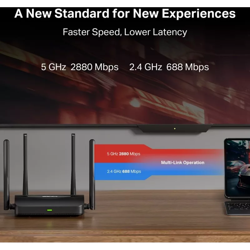 Stalinis maršrutizatorius MERCUSYS MR25BE EasyMesh Wi‑Fi 7 dviejų juostų 2,4/5 GHz, 3600 Mbps, 3× Gigabit LAN, 4 išorinės antenos