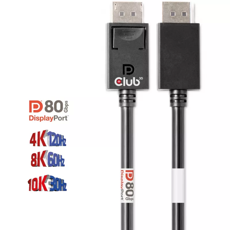 CLUB3D DisplayPort 2.1 dvikryptis VESA DP80 sertifikuotas laidas 4K240Hz, 8K60Hz arba 10K30Hz M/M 1,2 m / 3,94 pėd.
