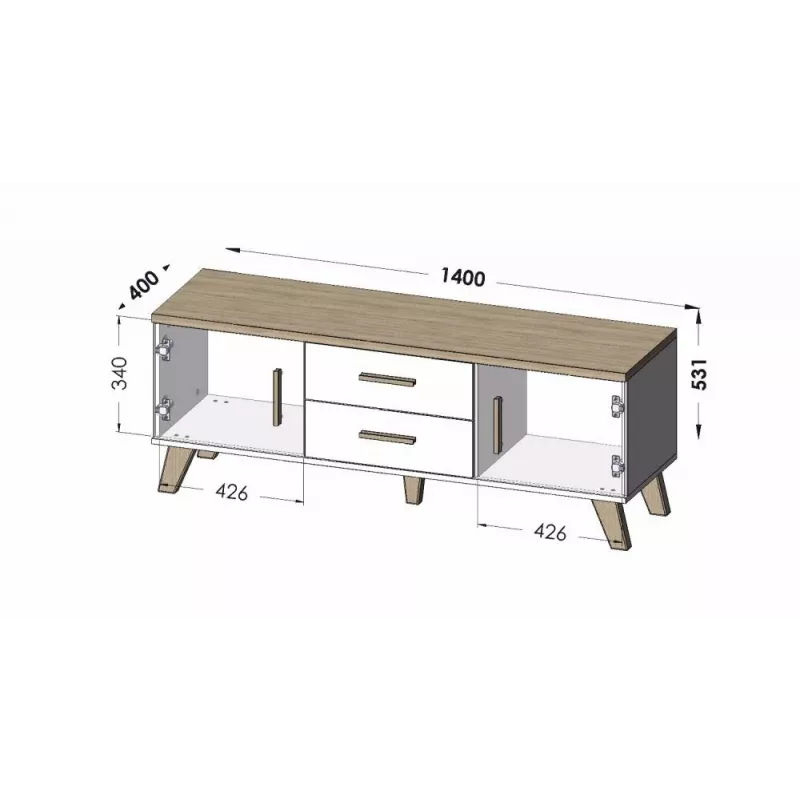 TV staliukas Cama Meble LOTTA 140 cm — wotan ąžuolo rėmas, juoda medžio drožlių plokštės viršus, 1400×400×530 mm