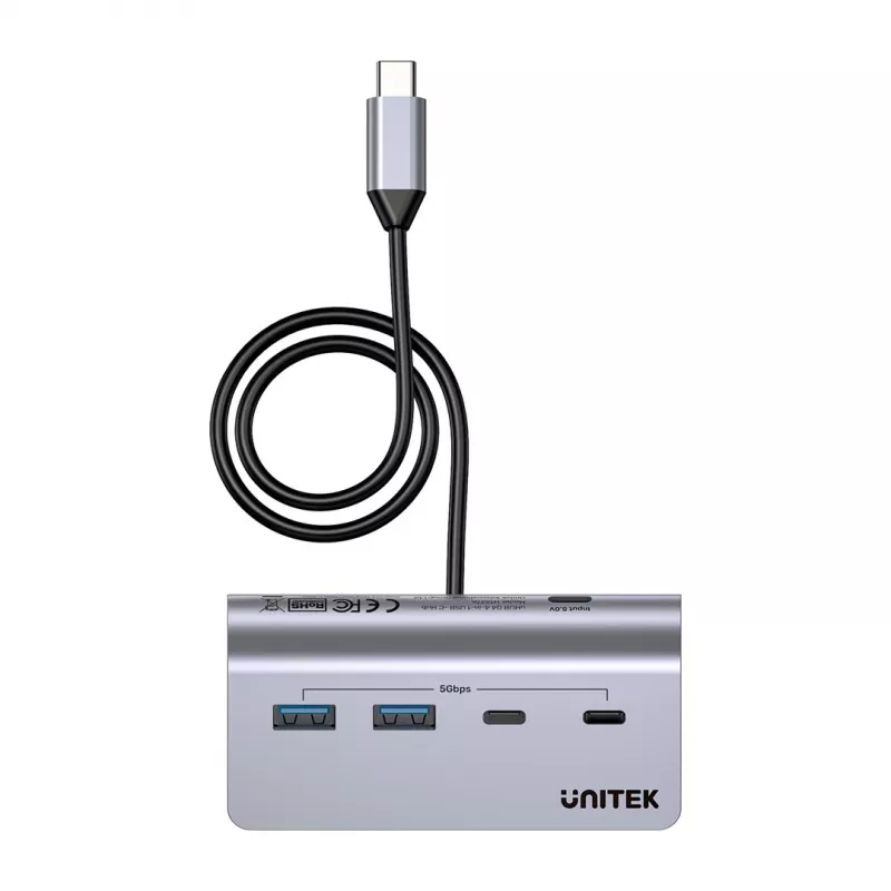 USB šakotuvas Unitek H1337AGY01 — 4 prievadų (2×USB-C, 2×USB-A), iki 5 Gbps vienam prievadui, aliuminis, sidabrinis