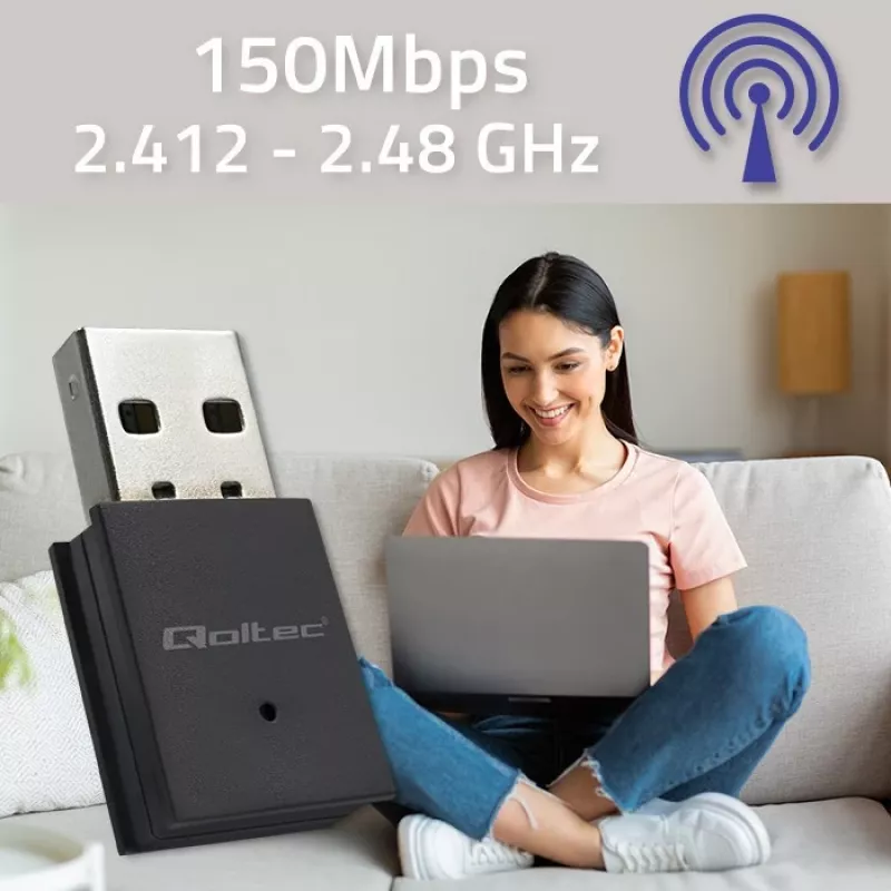 Belaidis mini USB Wi‑Fi adapteris QOLTEC 57007 — Vienos juostos 2,4 GHz, iki 150 Mbps, vidinė antena