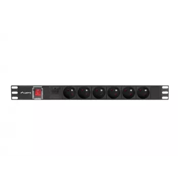 Maitinimo skirstymo įrenginys LANBERG PDU-06E-0200-BK — 6x E tipo lizdai, 16 A, 2 m kabelis, 1U stovas, 220–250 V