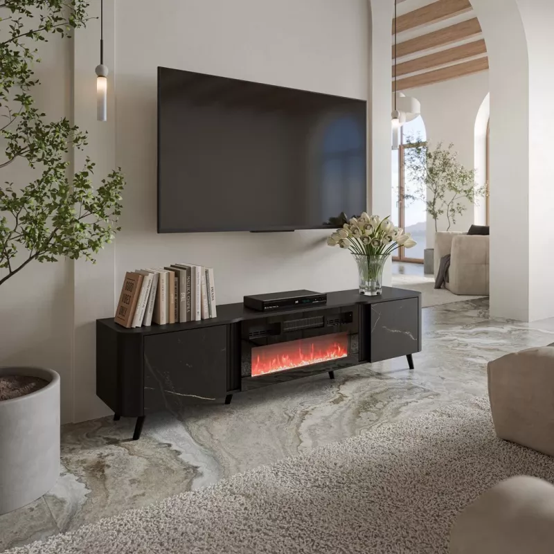 TV spintelė Cama Meble Volare 200 x 39 x 49 cm, juoda/san sebastian su židiniu