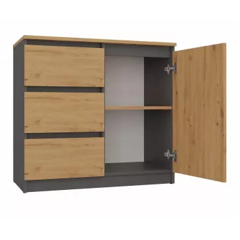 Komoda Top e Shop Topeshop 1D3S ANT/ART BA KPL — antracito ir ąžuolo, 3 stalčiai, medžio drožlių plokštės korpusas