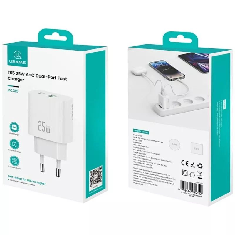 USAMS CC315 T65 25W 1xUSB-C 1xUSB-A greito įkrovimo sieninis įkroviklis