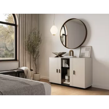 Komoda Cama Meble SOHO 120×41×80 cm – kašmyro spalvos fasadai, juodas rėmas