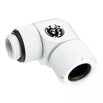 Fitting BitsPower BP-DWE90RMLA12 — žalvarinė 90° kampinė jungtis, balta, Ø 12 mm