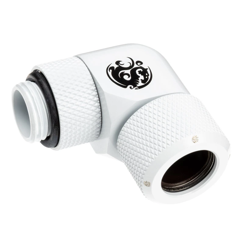 Fitting BitsPower BP-DWE90RMLA12 — žalvarinė 90° kampinė jungtis, balta, Ø 12 mm
