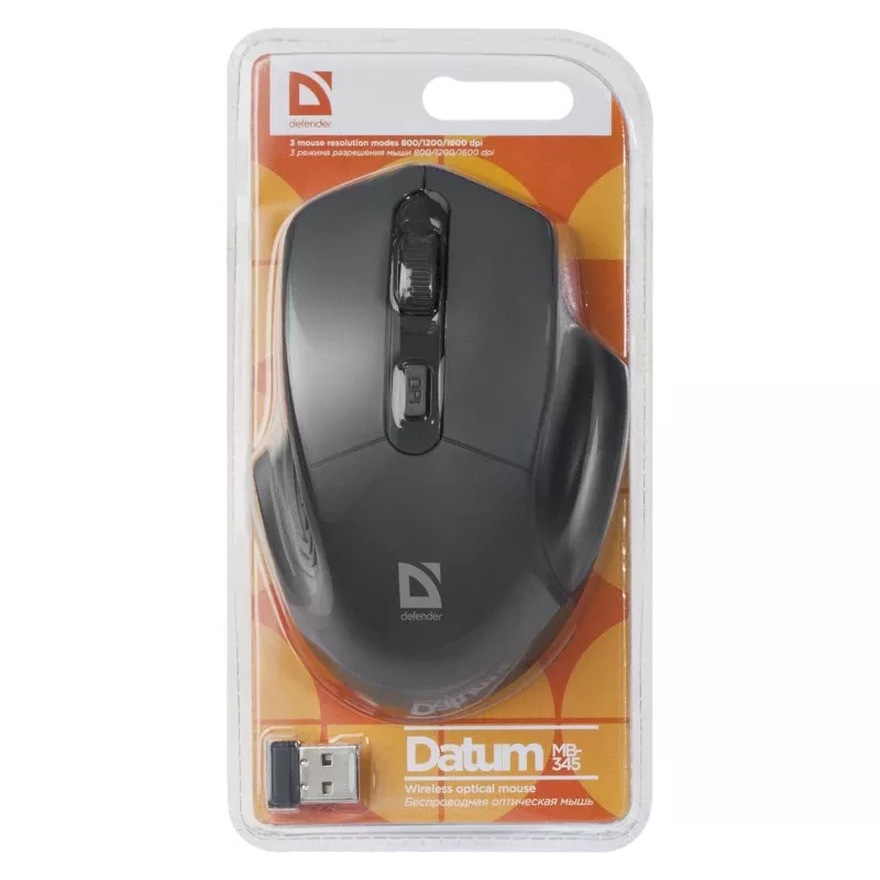 Belaidė optinė pelė DEFENDER Datum MB-345 RF, abiem rankoms tinkama/dešiniarankiams, 1600 DPI, 3 mygtukai, USB RF imtuvas, juoda