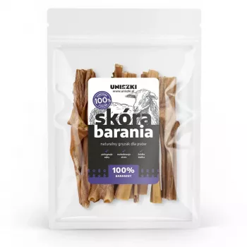 Šunų skanėstas UNISZKI avies oda 100 g — hipoalerginis ėrienos kramtukas, 100 g pakelis, baltymai 50,79 %, riebalai 36,37 %