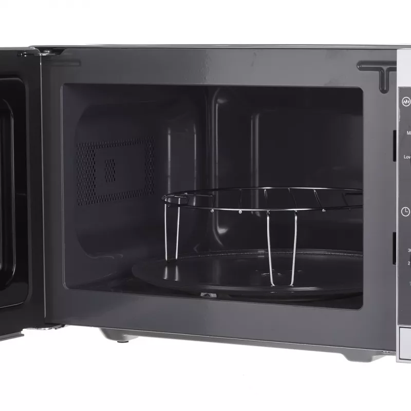 Kombinuota mikrobangų krosnelė Sharp YC-MG01E-S — 20 l, 800 W mikrobangų, 1000 W grilis, 5 galios lygiai, sukamoji valdymo rankenėlė, 25,5 cm sukamoji lėkštė