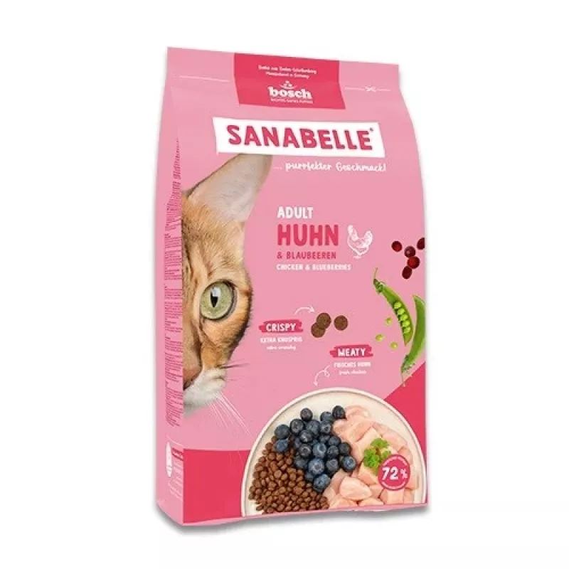Sausas kačių ėdalas Bosch Sanabelle Life Adult vištiena ir mėlynės 8 kg, 31% baltymų, 16% riebalų, 2% ląstelienos