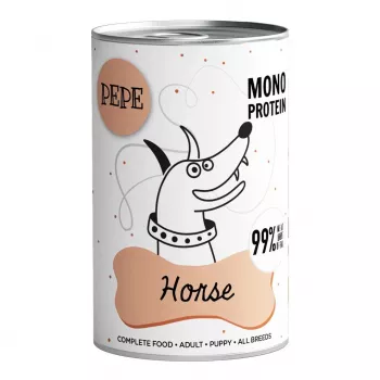 Šlapias šunų maistas PAKA ZWIERZAKA Pepe Horse — 400 g skardinė, suaugusiems šunims, vieno baltymo, 10,9% baltymų, 4% riebalų