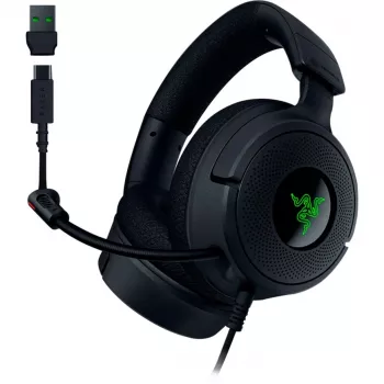 Razer Kraken V4 X – laidinės ausinės žaidimams asmeniniam kompiuteriui (TriForce 40 mm tvarkyklės, įtraukiamas kardioidinis mikrofonas, 7.1 erdvinis garsas, Chroma RGB, skirta PC, konsolėms ir telefonui)