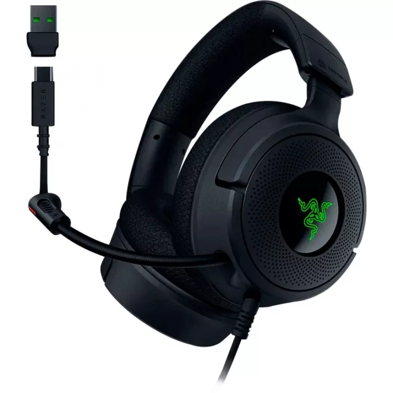 Razer Kraken V4 X – laidinės ausinės žaidimams asmeniniam kompiuteriui (TriForce 40 mm tvarkyklės, įtraukiamas kardioidinis mikrofonas, 7.1 erdvinis garsas, Chroma RGB, skirta PC, konsolėms ir telefonui)