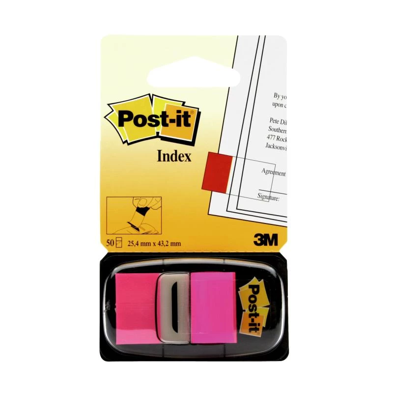 3M Post-it Index Pink, siauri, 50 lipnių juostelių Matmenys, 25,4 x 43,2 mm, vienkartiniame dozatoriuje (I680-21)