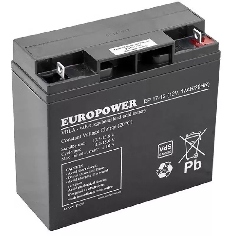 Hermetiška AGM baterija su rūgštiniu elektrolitu europower EP serija 12V 17Ah – Eksploatacijos trukmė 6–9 metai