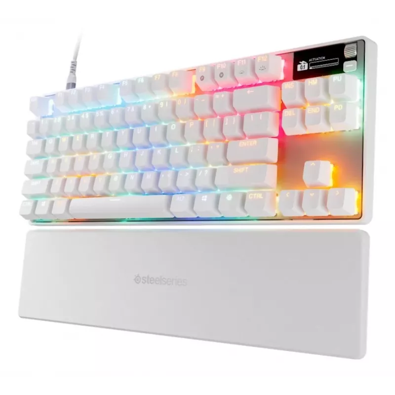 Mechaninė TKL žaidimų klaviatūra STEELSERIES Apex Pro TKL Gen 3 balta — JAV išdėstymas, RGB, reguliuojami jungikliai