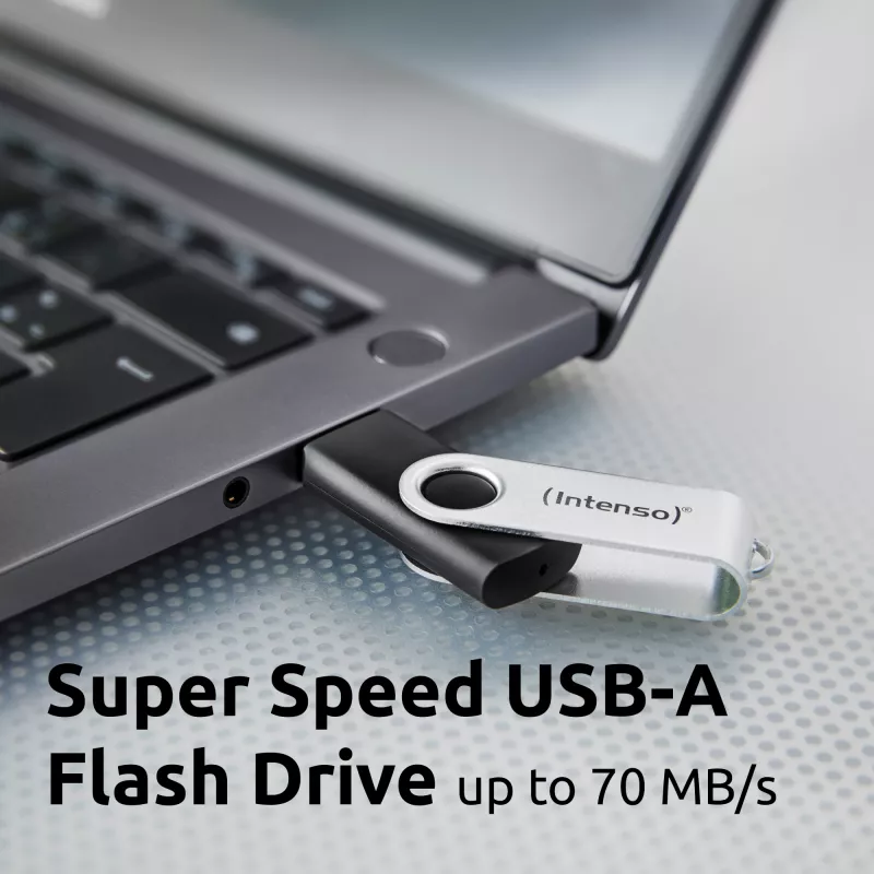 Intenso USB atmintukas Office Line, 64 GB, USB-A, 3.2 Gen 1x1, juodas-sidabrinis, 64 GB, USB Type-A, 3.2 Gen 1 (3.1 Gen 1), sukamas žiedas, juoda, sidabrinė
