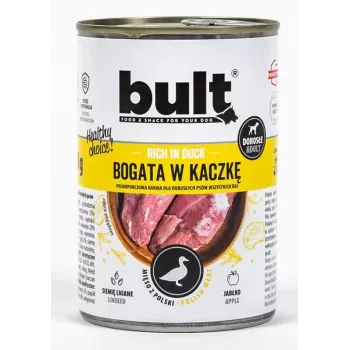 Šlapias šunų maistas BULT, gausus antienos, 800 g — pilnavertis konservuotas šlapias maistas, 12% baltymų, 6,5% riebalų, 77% drėgmės