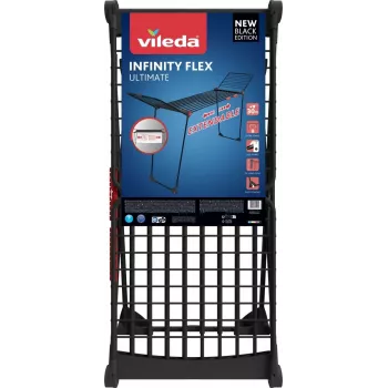 Drabužių džiovinimo stovas VILEDA Infinity Flex Ultimate Telescopic — juodas, dengtas aliuminis, 30 m džiovinimo vietos, sulankstomas, ratukai