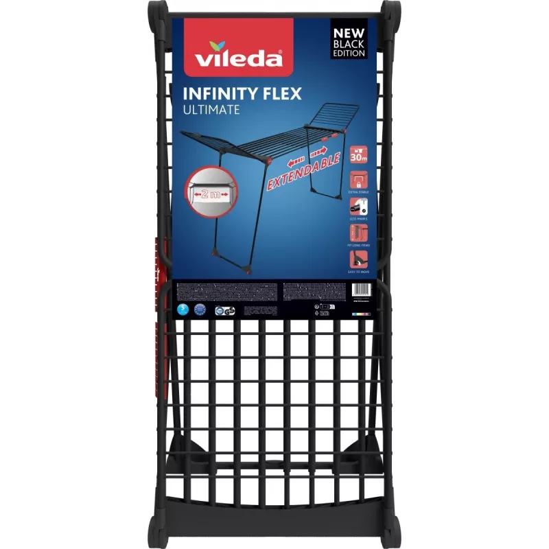 Drabužių džiovinimo stovas VILEDA Infinity Flex Ultimate Telescopic — juodas, dengtas aliuminis, 30 m džiovinimo vietos, sulankstomas, ratukai