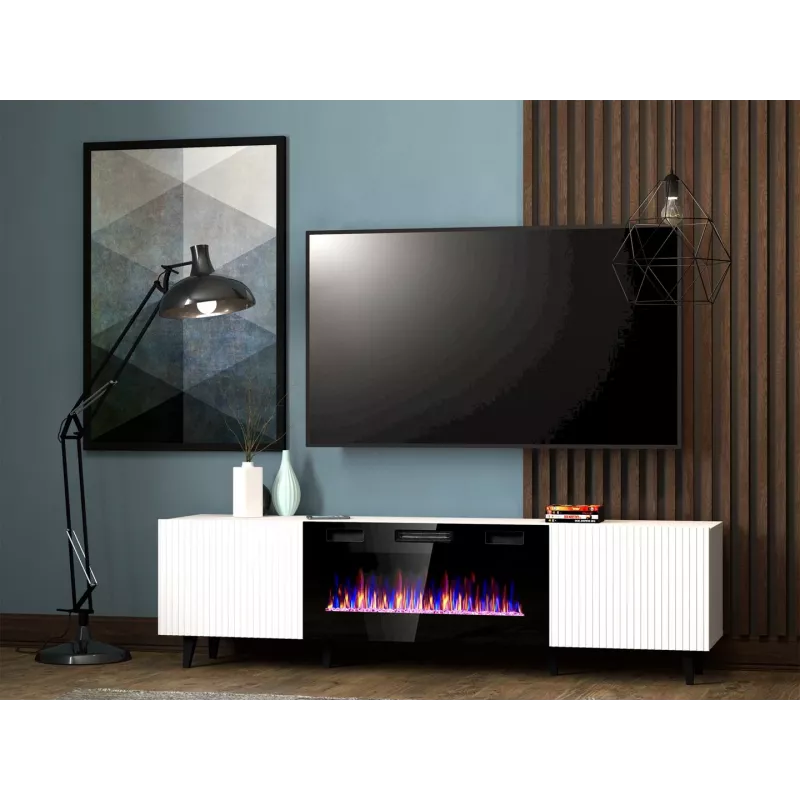 TV spintelė Cama Meble PAFOS EF su elektriniu židiniu 180×42×49 cm, balta matinė