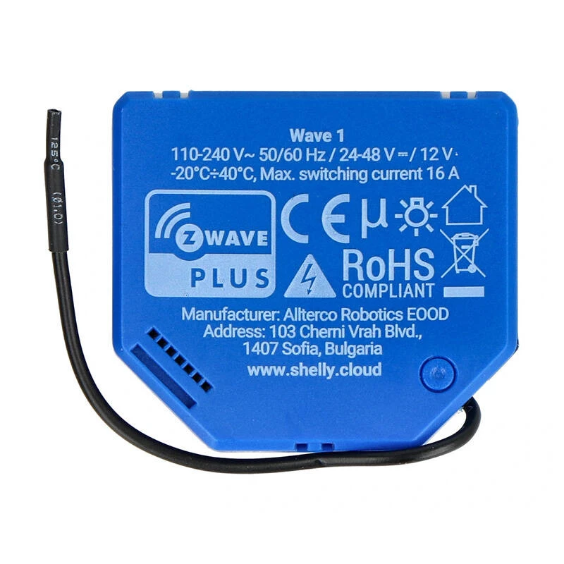 Išmanioji relė Shelly Qubino Wave 1, plastikinė, 110–240 V, 16 A, Z-Wave 868,4 MHz, mėlyna, tvirtinama prie sienos