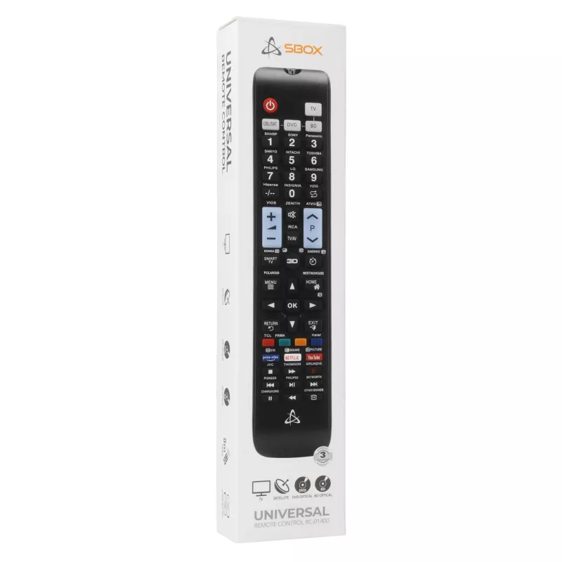Nuotolinio valdymo pultas SBOX RC-01400 — universalus pakaitalas televizoriams, priedėliams ir DVD grotuvams