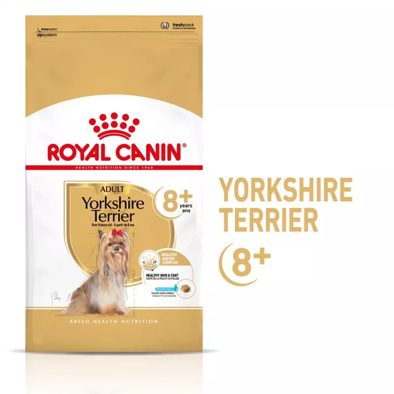 Sausas šunų maistas Royal Canin Yorkshire Terrier 8+ 1.5 kg — paukštiena, vyresnio amžiaus mažų veislių šunims, 29 % baltymų, 18 % riebalų