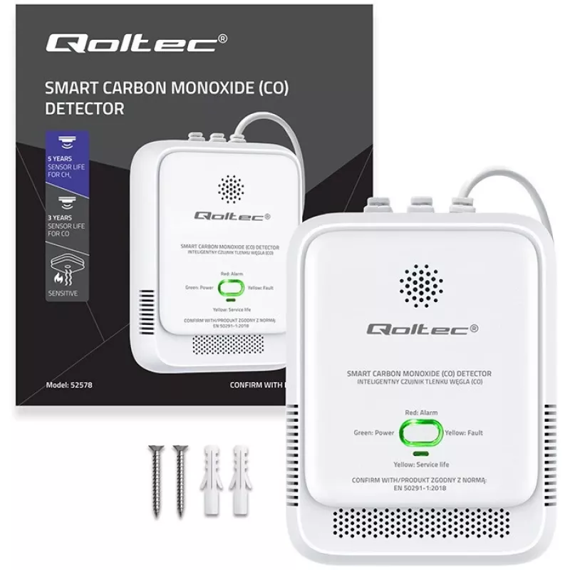 CO detektoriaus signalizatorius QOLTEC 52576 — anglies monoksido jutiklis, 85 dB signalizacija