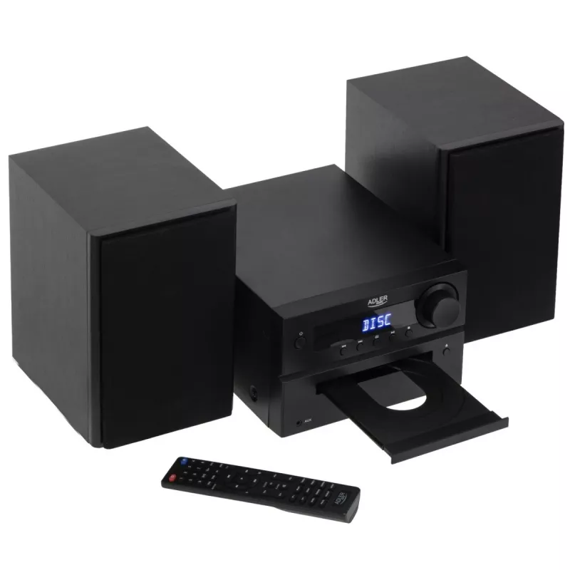 Mini Hi-Fi stereosistema Adler AD 1917 — Bluetooth V5.3, CD/USB/MP3, 2×25W RMS, FM imtuvas, 4 juostų ekvalaizeris, AUX, juoda