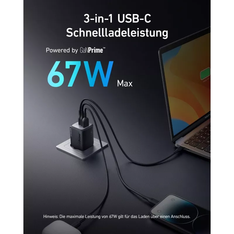 „Anker Prime A2669313“ patalpų USB greitojo įkrovimo įkroviklis — 67 W, 1×USB-A, 2×USB-C, juodas