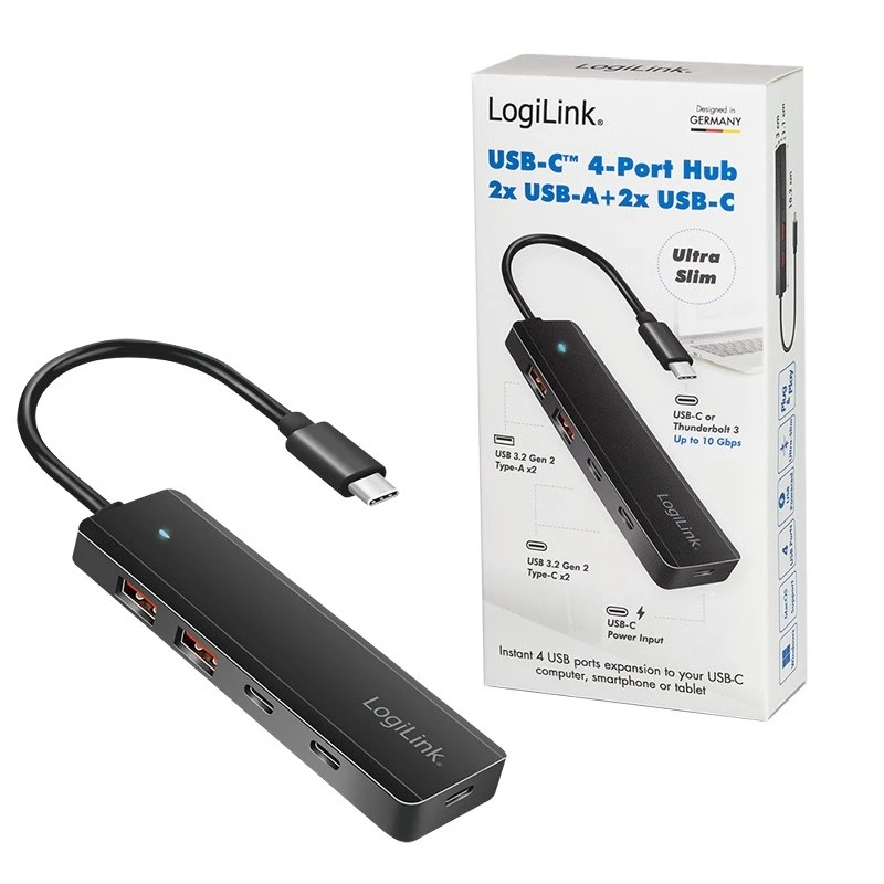 Hub USB-C, 4-porty 2x USB-A,2xUSB-C, Juoda
